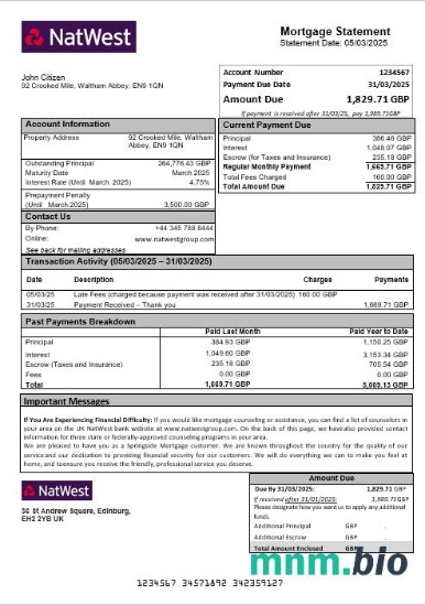 Zjednoczone Królestwo NatWest Bank wyciąg z kredytu hipotecznego w formatach Word i PDF